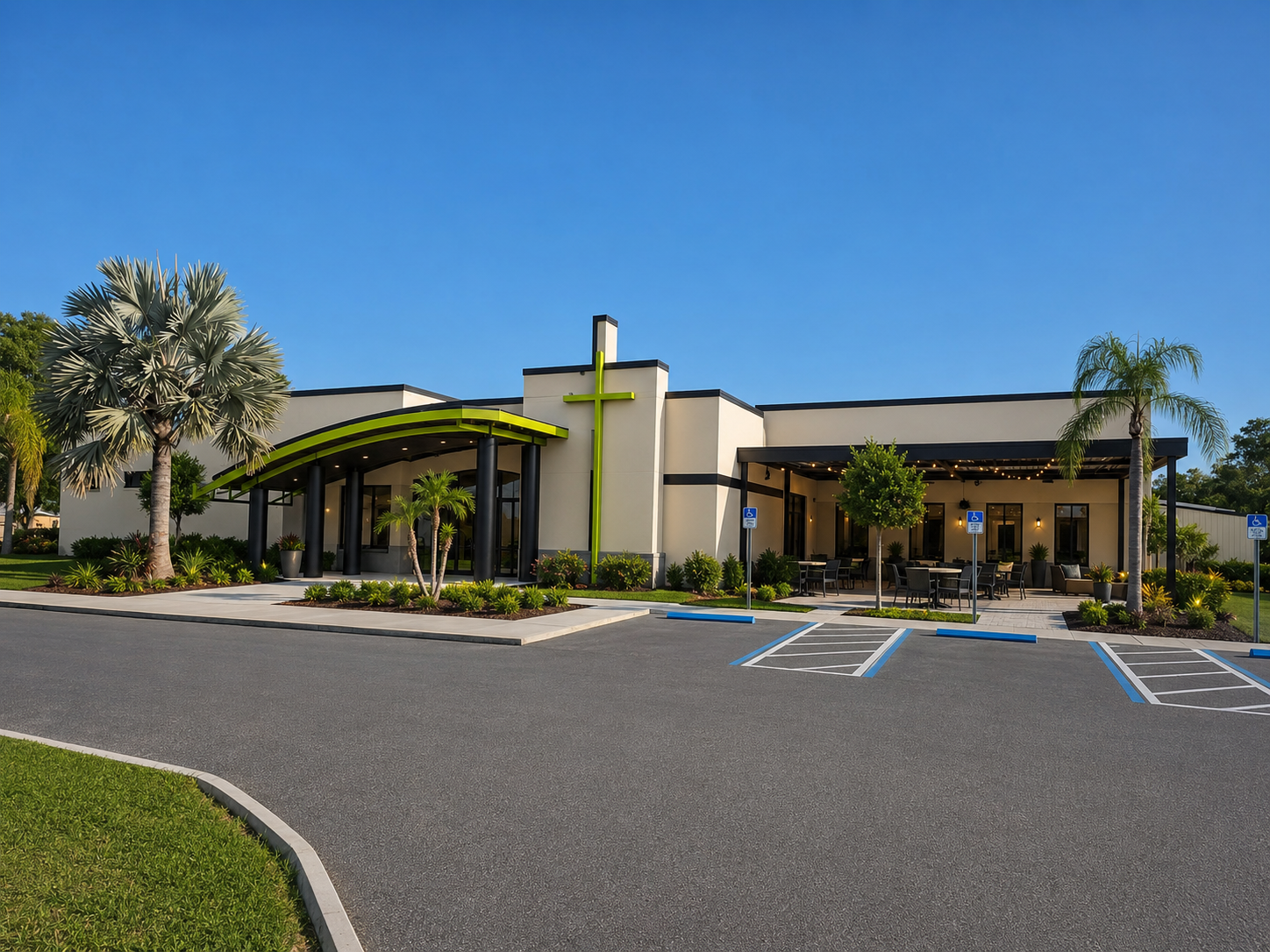 Concept design for The Life Church exterior with a covered entrance, lime cross and architectural accents, patio seating, and Florida landscaping
